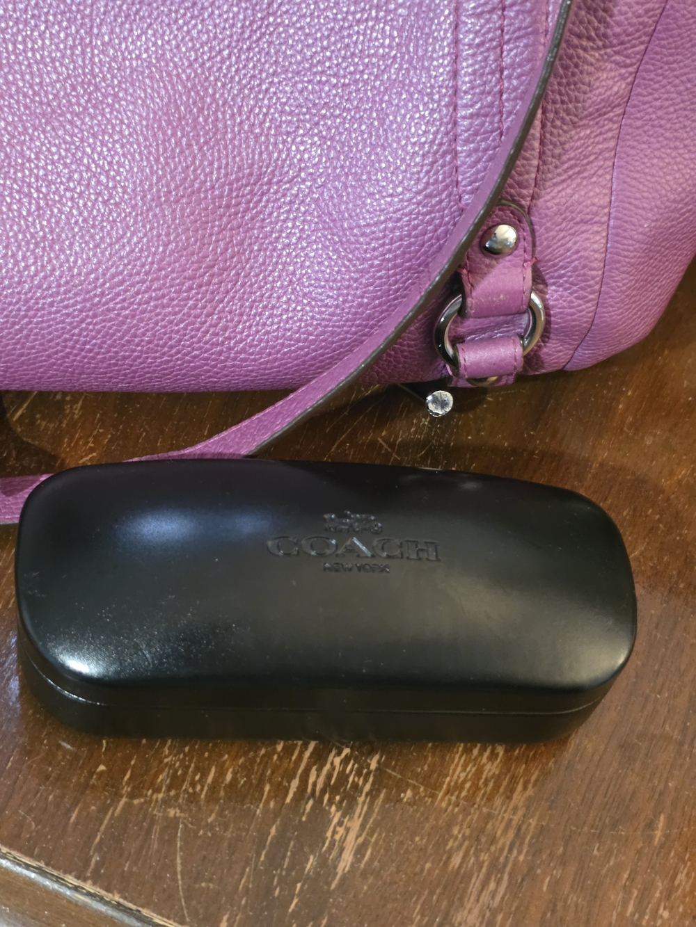 Coach Alexandra Convertible Hobo Purple Pebbled Leather & Black Sunglasses Case - Picture 2 of 11